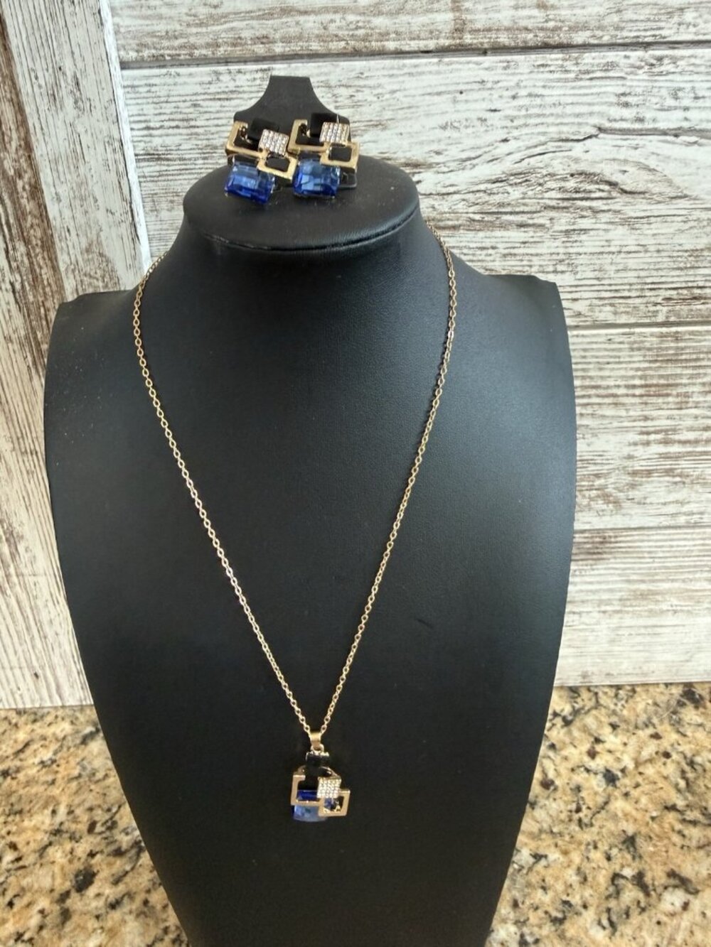 Gold Tone Necklace & Earrings With Abstract Black And Blue Rhinestone 18” + 2”